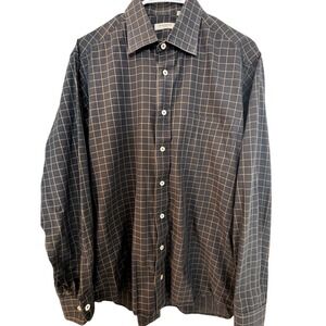 BURBERRY LONDON Size M Grey Mustard Window Pane Cotton Long‎ Sleeve Shirt